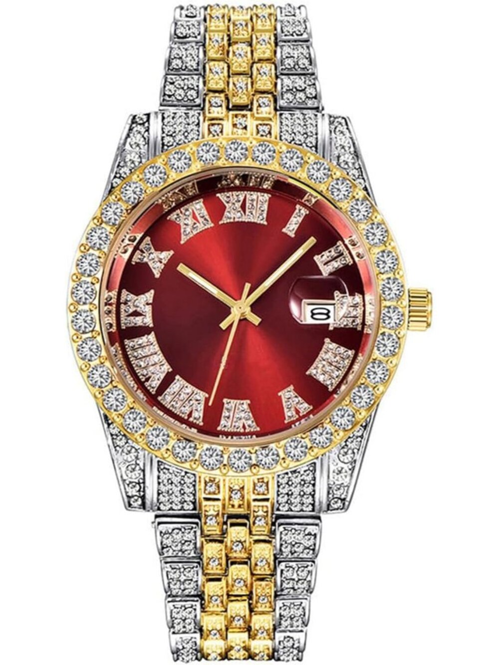 Men's Silver Red Analog Gold Crystal Rhinestone Diamond Iced-Out Bracelet Watch